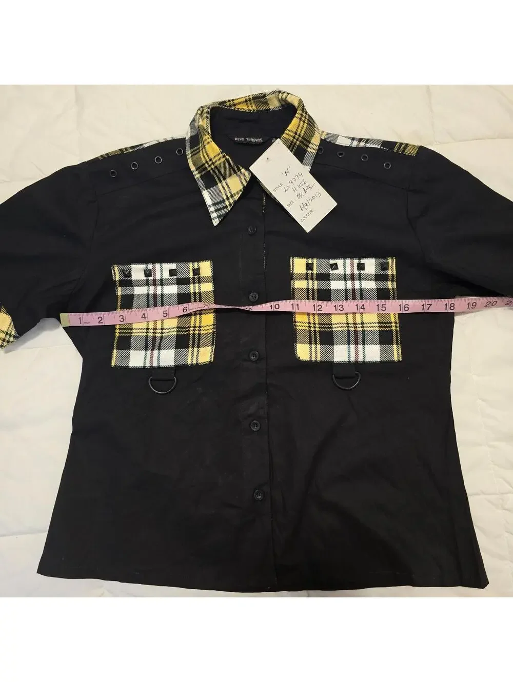 Dead Threads Women's Black Yellow Tartan Plaid Punk Blouse Sz M Collared Alt - Picture 10 of 12